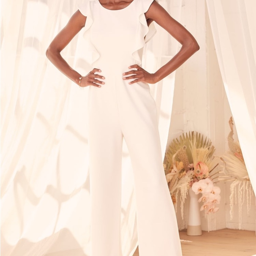 Lulus Feel Your Love White Ruffled Wide-Leg Jumpsuit, size L, NWT